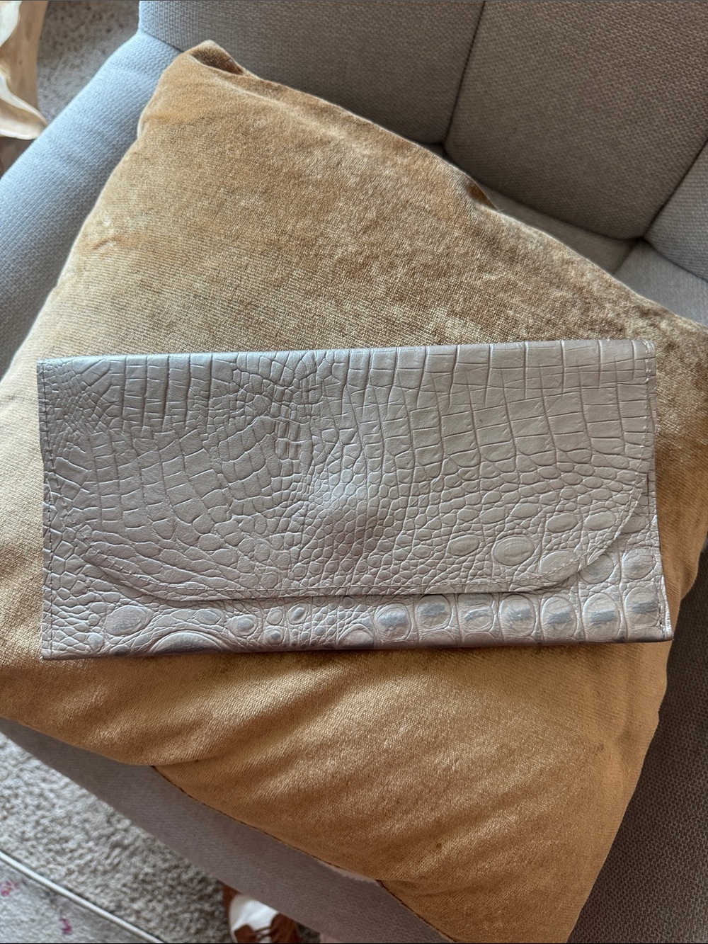 Satchel. Savannah Leather Crocodile Embossed Metallic Clutch Bag Suede Lined